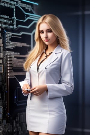 Working Women beautiful young lady 24 age standing talk perfect face eyes hair blonde mouth programmer hacker doctor ceo engineering dress zoom in all body best quality 16k in Big Cyber rooms Data Ai core in CPU, Data Annotation,Beauty,1girl