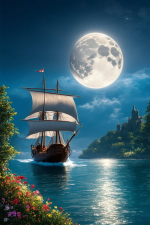 A majestic arafed sailboat glides effortlessly across the tranquil ocean at dusk, under the soft glow of a full moon suspended in the dark blue sky. The sailboat's billowy sails are perfectly framed against the dreamy fantasy forest landscape, where lush greenery and vibrant flowers sway gently in the breeze. In the distance, the mystical Silk Road landscape unfolds, its ancient architecture and radiant energy casting an otherworldly aura. A perfect blend of wonder and magic transports viewers to a world beyond reality.