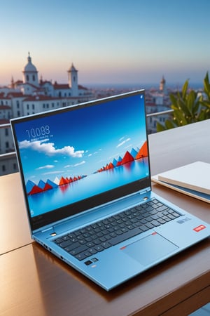 Introducing the latest generation Lenovo X1 laptop: Titanium alloy design, screen displaying serene blue skies against a backdrop of light blue ambiance.