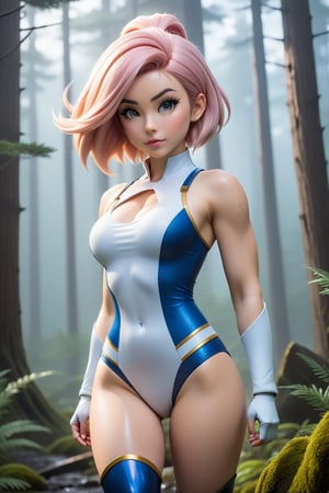 In a futuristic forested landscape, Belle Delphine stands tall and proud, her Vegeta-inspired hair flowing like silk in the gentle rain. Her muscular physique is reminiscent of Lara Croft, with a kickboxer's toned arms and a fierce determination etched on her face. The lighting is dim, with only the soft glow of the forest illuminating her features. She stands confidently, feet shoulder-width apart, radiating an aura of invincibility. The background is shrouded in mist, with the foretold sky looming above, its secrets unknown. Her French bob haircut frames her strong jawline, and her anatomy skills are on full display as she exudes confidence and power.