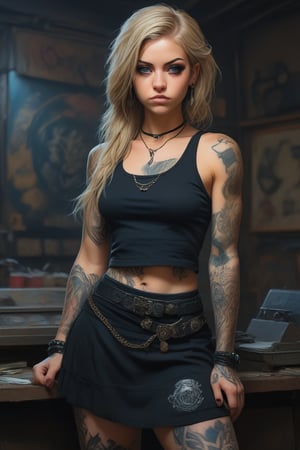 score_9, score_8_up, score_7_up, score_6_up, 1girl, long hair, swpunk style half body portrait of a woman in a black croptop and black skirt, with blonde hair, tattoos, trending on artstation, highly detailed, fine detail, intricate, ,LoRA,1girl silver hair blue dress