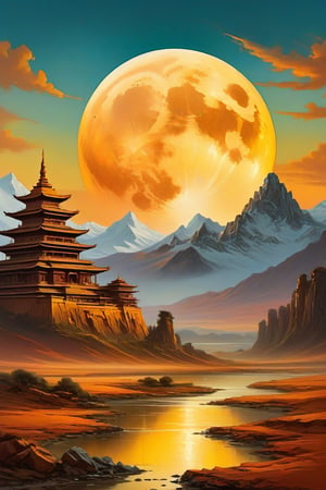 "A surreal, futuristic landscape at dusk with a massive, luminous golden moon dominating the sky, casting a warm glow over everything. The moon should be sharp, detailed, and prominent in the foreground. The background should transition into an abstract, painterly environment featuring indistinct forms and shapes suggesting a Tibetan monastery, rendered in a loose, impressionistic style to emphasize mood and atmosphere over detailed realism. The atmosphere should be hazy and diffuse, with the haze or fog being whiter, creating an ethereal and somewhat dystopian feel. Use balanced colors primarily from a palette of grays, blues, and greens to create depth and atmosphere, while incorporating rust-orange, rust-red, rust-brown, rust-yellow, rust-gold, rust-gray, rust-beige, rust-copper, rust-tan, burnt sienna, raw umber, burnt umber, and yellow ochre for accents. These earthy tones should depict worn, weathered, and aged appearances. Incorporate small, distinct accents of rusty orange-yellows and rusty teals to highlight specific areas and enhance visual interest. Ensure the painting blends impressionism and abstraction seamlessly, creating a rich, immersive setting. Utilize Unreal Engine, Octane Render, Hyper Realistic, Cinematic, Epic, and Matte Painting techniques to achieve a high-quality, detailed, and visually striking result."