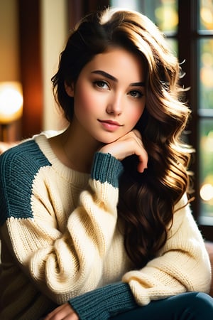 A serene portrait of a beautiful young woman. She sits cozily, wearing a soft knit sweater, her hand resting gently on her cheek as she directs a direct gaze at the viewer. Soft natural lighting casts a warm glow on her features, complementing the comforting indoor setting and relaxed atmosphere. Her slight smile adds to the peaceful ambiance, while high detail skin texture and realistic hair strands create a photorealistic image of utmost quality, rendered in stunning 8K resolution.