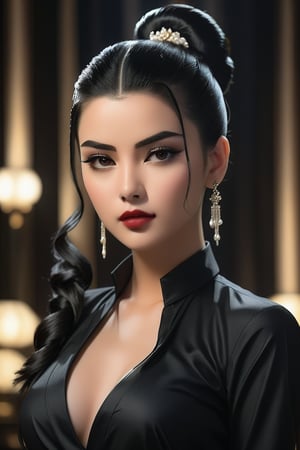 1girl, beautiful woman, elegant pose, ponytail hairstyle, flowing black hair, piercing black eyes, full lips, closed mouth, serene expression, clothes, upper body portrait, direct gaze at viewer, soft lighting, high-quality detailed render, photorealistic style