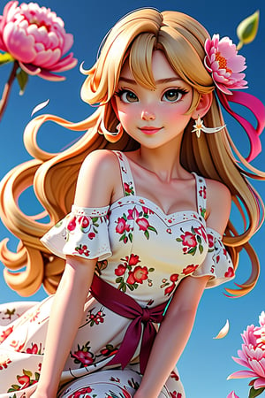 (masterpiece, high quality, high resolution, illustration), blurred background, [(white background:1.2)::5], cowboy photo, spring \(season\), (no light: 1.1), (temptation: 1.2 ), elegance, (1 girl), long straight blonde hair, small smile, floating hair, ahoge, deep sky, star \(sky\), (summer dress (Floral:1.2):1.1), outline, (transparent : 0.85), bright low pigtails (polychromatic peony: 1.15), movie poster (colorful: 1.1), ornament, petals (pantyhose: 1.1), ribbon,