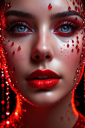 (digital art, ultra-realistic, high detail, high resolution, photorealistic) close-up of a woman's face with eyes closed, illuminated by a deep red light. The face is covered with droplets of red water, creating an abstract geometric pattern. The background is a black-glittered texture, enhancing the sparkle and reflection of the droplets. The woman's eyelashes and lips are accentuated, with the red light adding a shimmering effect. The overall atmosphere is dark, mysterious, and vibrant, with a focus on the contrast between the red and black elements, giving a surreal and captivating visual experience.,Beauty,LoRA,1girl silver hair blue dress