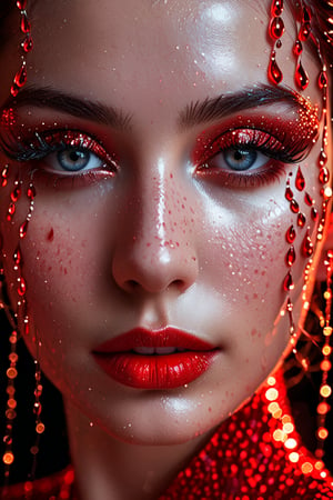 (digital art, ultra-realistic, high detail, high resolution, photorealistic) close-up of a woman's face with eyes closed, illuminated by a deep red light. The face is covered with droplets of red water, creating an abstract geometric pattern. The background is a black-glittered texture, enhancing the sparkle and reflection of the droplets. The woman's eyelashes and lips are accentuated, with the red light adding a shimmering effect. The overall atmosphere is dark, mysterious, and vibrant, with a focus on the contrast between the red and black elements, giving a surreal and captivating visual experience.,Beauty,LoRA,1girl silver hair blue dress