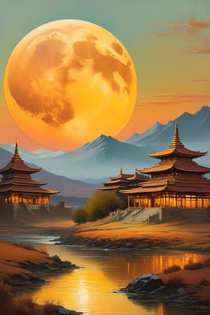 "A surreal, futuristic landscape at dusk with a massive, luminous golden moon dominating the sky, casting a warm glow over everything. The moon should be sharp, detailed, and prominent in the foreground. The background should transition into an abstract, painterly environment featuring indistinct forms and shapes suggesting a Tibetan monastery, rendered in a loose, impressionistic style to emphasize mood and atmosphere over detailed realism. The atmosphere should be hazy and diffuse, with the haze or fog being whiter, creating an ethereal and somewhat dystopian feel. Use balanced colors primarily from a palette of grays, blues, and greens to create depth and atmosphere, while incorporating rust-orange, rust-red, rust-brown, rust-yellow, rust-gold, rust-gray, rust-beige, rust-copper, rust-tan, burnt sienna, raw umber, burnt umber, and yellow ochre for accents. These earthy tones should depict worn, weathered, and aged appearances. Incorporate small, distinct accents of rusty orange-yellows and rusty teals to highlight specific areas and enhance visual interest. Ensure the painting blends impressionism and abstraction seamlessly, creating a rich, immersive setting. Utilize Unreal Engine, Octane Render, Hyper Realistic, Cinematic, Epic, and Matte Painting techniques to achieve a high-quality, detailed, and visually striking result."