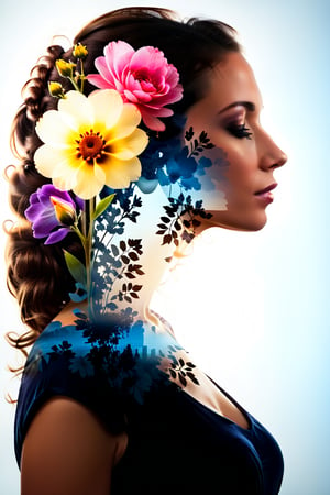 silhouette of a woman in profile. Inside the silhouette you can see the double exposure with a flower, masterpiece, ((double exposure)), proportional.,DOUBLE EXPOSURE,SDXL