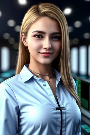 Working Women beautiful young lady 20 age standing talk perfect face eyes hair blonde mouth programmer hacker doctor ceo engineering dress  best quality 16k in Big Cyber rooms Data Ai core in CPU, ,photorealistic,Cartoon,