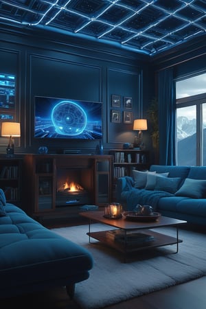 A futuristic POV shot frames a stunning BLUE wireframe of a cozy living room, with a fuzzy background that blends into the atmosphere. Highly detailed and ultra-high resolution (32K UHD), this 3D masterpiece showcases impeccable texture and clarity, as if the viewer is standing right inside the scene.