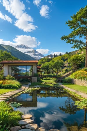 outdoors, sky, day, cloud, water, tree, blue sky, no humans, window, grass, building, scenery, reflection, mountain, house, bridge