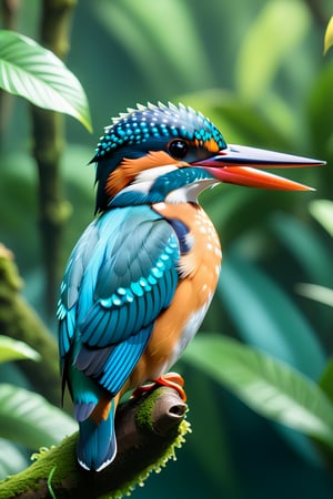 close up angle of, , ((),(3d Kingfisher in md air)) surrounded by jungle( waters), bird, detailed focus, deep bokeh, beautiful, , bight vib background. Visually delightful, 3D