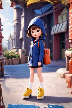 1girl, solo, looking at viewer, short hair, bangs, brown hair, long sleeves, brown eyes, jewelry, closed mouth, standing, full body, earrings, shoes, socks, hood, bag, black eyes, white socks, child, hood up, yellow footwear, raincoat,pixar style,Enhance,Cartoon