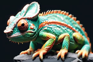  studio photograph closeup of a chameleon over a black background