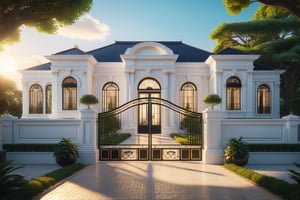 RAW photo, masterpiece, arafed house , neo - classical style, rendered in lumion pro, classicism style, classicism artstyle, lumion render, rendered in lumion, architectural visualization, neoclassical style, in style of classicism, white light sun, rendered in vray, rendered in v-ray, rendered in unreal engine 3d, (photorealistic:1.2), best quality, ultra high res, exterior, architechture,modern house,(white wall:1.5), (detail gate black:1.4), (photorealistic:1.5), best quality, ultra high res, exterior,architechture,neoclassic house,(white wall:1.2), (detailed reliefs:1.2), (The front 1st floor has 4 windows), (the right side 1st floor has 4 windows), (the main side has three-step stairs), (the right side has three-step stairs) ,glass windows,,trees,traffic road, blue sky,in the style of realistic hyper-detailed rendering, luxury neoclassical villa, in the style of neoclassical scene, glass windows, (white navy roof:1.2), best quality, (straight strokedetail:1.1) roof top, (Intricate lines:1.5), ((Photorealism:1.5)),(((hyper detail:1.5))), archdaily, award winning design, (dynamic light:1.3), (night light:1.2), (perfect light:1.3), (shimering light :1.4), refection glass windows, (curved line architecture arch:1.2), trees, beautiful sky, photorealistic, FKAA, TXAA, RTX, SSAO, Post Processing, Post-Production, CGI, VFX, SFX, Full color,((Unreal Engine 5)), Canon EOS R5 Camera + Lens RF 45MP full-frame CMOS sensor, HDR, Realistic,8k,((Unreal Engine 5)), Cinematic intricate detail, extreme detail, science, hyper-detail, FKAA, super detail, super realistic, crazy detail, intricate detail, nice color grading, reflected light on glass, eye-catching wall lights, unreal engine 5, octane render, cinematic, trending on artstation, High-fidelity, Viwvid, Crisp, Sharp, Bright, Stunning, ((Lifelike)), Natural, ((Eye-catching)), Illuminating, Flawless, High-quality,Sharp edge rendering, medium soft lighting, photographic render, detailed archviz,SDXL,House
