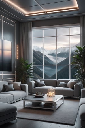 From a futuristic vantage point, the grey frames a stunning white wireframe of a cozy living room, bathed in soft ambiance. Fuzzy background dissolves into atmosphere, creating an immersive 32K UHD (Ultra High Definition) 3D masterpiece. Highly detailed and textured, this scene transports the viewer to a modern sanctuary.