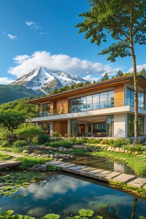 outdoors, sky, day, cloud, water, tree, blue sky, no humans, window, grass, building, scenery, reflection, mountain, house, bridge