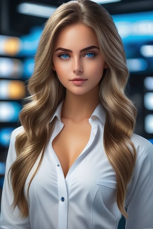 masterpiece, best quality, ultra-detailed, ultra high res, (photorealistic:1.4), raw photo, (realistic:0.2), 8k HDR, realistic lighting, 1girl, solo, looking at viewer, asymmetrical long hair, (detailed oily skin), blue eyes, (detailed face), (cyble background :1.1), (upper body:1.5), white beauty clothes,SDXL
