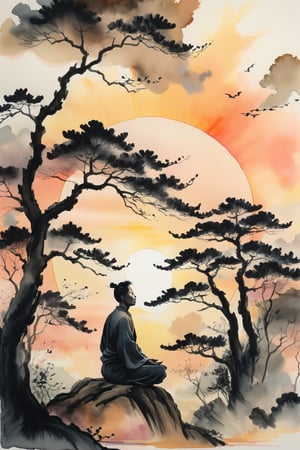 ink human,Meditationist man, sunset, muted colors, huge tress, on sky, cloudy,sun, negative space, chinese ink drawing,SDXL