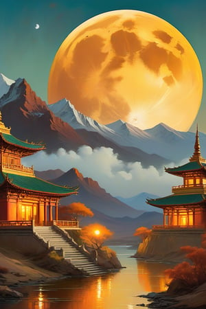 "A surreal, futuristic landscape at dusk with a massive, luminous golden moon dominating the sky, casting a warm glow over everything. The moon should be sharp, detailed, and prominent in the foreground. The background should transition into an abstract, painterly environment featuring indistinct forms and shapes suggesting a Tibetan monastery, rendered in a loose, impressionistic style to emphasize mood and atmosphere over detailed realism. The atmosphere should be hazy and diffuse, with the haze or fog being whiter, creating an ethereal and somewhat dystopian feel. Use balanced colors primarily from a palette of grays, blues, and greens to create depth and atmosphere, while incorporating rust-orange, rust-red, rust-brown, rust-yellow, rust-gold, rust-gray, rust-beige, rust-copper, rust-tan, burnt sienna, raw umber, burnt umber, and yellow ochre for accents. These earthy tones should depict worn, weathered, and aged appearances. Incorporate small, distinct accents of rusty orange-yellows and rusty teals to highlight specific areas and enhance visual interest. Ensure the painting blends impressionism and abstraction seamlessly, creating a rich, immersive setting. Utilize Unreal Engine, Octane Render, Hyper Realistic, Cinematic, Epic, and Matte Painting techniques to achieve a high-quality, detailed, and visually striking result."