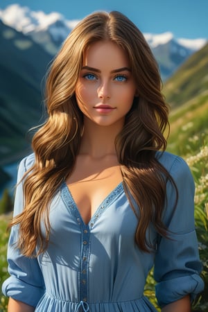 masterpiece, best quality, ultra-detailed, ultra high res, (photorealistic:1.4), raw photo, (realistic:0.2), 8k HDR, realistic lighting, 1girl, solo, looking at the viewer, asymmetrical long hair, (detailed oily skin), blue eyes, (detailed face), (outdoor background:1.1), (upper body:2.2), dress deep blue professional clothes, SDXL,Beauty