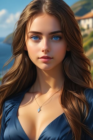 masterpiece, best quality, ultra-detailed, ultra high res, (photorealistic:1.2), raw photo, (realistic:0.2), 8k HDR, realistic lighting, 1girl, solo, looking at the viewer, asymmetrical long hair, (detailed oily skin), blue eyes, (detailed face), (outdoor background:1.1), (upper body:1), dress deep blue professional clothes, SDXL,Beauty