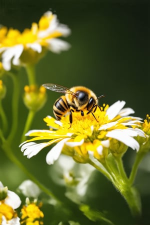 A majestic honeybee perches delicately on a vibrant yellow and white flower, its translucent wings glistening in the warm sunlight that casts a gentle glow on the petals. The bee's furry body blends seamlessly with the surrounding foliage as it collects nectar from the flower's center. The 8K resolution captures every intricate detail of the natural scene, from the delicate pollen grains to the soft focus of the blurred background.