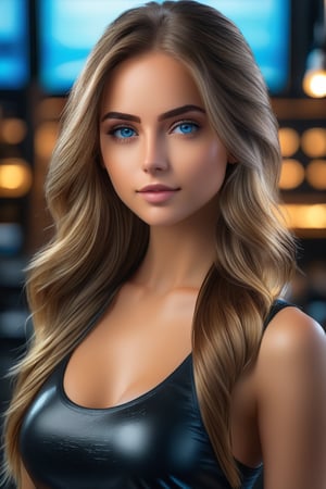 masterpiece, best quality, ultra-detailed, ultra high res, (photorealistic:1.4), raw photo, (realistic:0.2), 8k HDR, realistic lighting, 1girl, solo, looking at viewer, asymmetrical long hair, (detailed oily skin), blue eyes, (detailed face), (cyble background :1.1), (upper body:1.5), black tanktop,SDXL