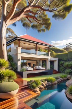 A luxury Australia-style villa surrounded by beautiful gardens