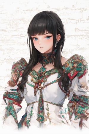 super detailed, super realistic, beautiful Nordic girl with long hair and blunt bangs, wearing balines costume, long straight black hair, balines national costume, off shoulder, (beautiful blue eyes), almond eyes, intricate textiles decorated with colorful and intricate geometric patterns, arms decorated with decorative embroidery, beautiful crystal blue eyes, almond eyes, complex fabric decorated with colorful and intricate geometric patterns, white, red and green and other earth tones clothes, ct-identityV2, 