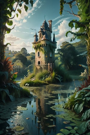 A moonlit pond mirrors the grandeur of a small French castle tower standing sentinel amidst lush greenery in an ancient garden. Leaves shimmer with dew-kissed detail as Claude Lorrain and Jean-Honore Fragonard's masterful brushstrokes weave a romantic landscape. A mystical island floats serenely on the water's surface, surrounded by a border of crescent-shaped birch leaves (Brccl) under a haunting Halloween sky, where shadows dance with an ethereal surreal atmosphere.