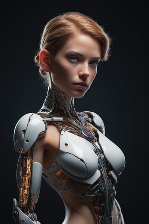 A stunning cyborg stands confidently against a sleek, black background, surrounded by subtle, gradient lighting that accentuates her intricate, mechanical features. Her porcelain-like skin glistens with a fine sheen of oil, highlighting the precision engineering of her synthetic limbs. A masterpiece of high-quality artistry, this studio photo captures the intersection of beauty and power in a cyborg of unparalleled sophistication.,Cartoon