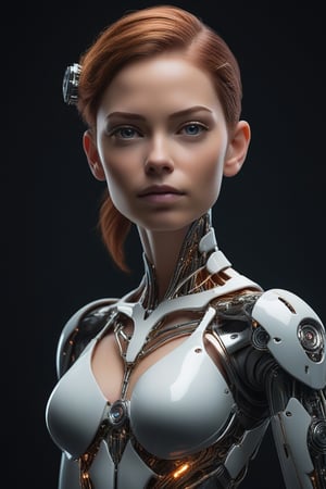 A stunning cyborg stands confidently against a sleek, black background, surrounded by subtle, gradient lighting that accentuates her intricate, mechanical features. Her porcelain-like skin glistens with a fine sheen of oil, highlighting the precision engineering of her synthetic limbs. A masterpiece of high-quality artistry, this studio photo captures the intersection of beauty and power in a cyborg of unparalleled sophistication.,Cartoon