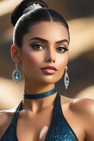 A close-up shot of an Eastern European sportswoman wearing sheer lycra attire, her dark locks tied into a sleek bun. A cascade of long earrings adorns her neck as she gazes directly at the camera, exuding confidence and poise. The framing highlights her toned physique, with a shallow depth-of-field emphasizing the sparkling jewelry.,SDXL,1girl silver hair blue dress,Beauty