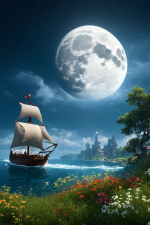 In a dreamy, surreal Unreal Engine 5 scene, a majestic arafed sailboat glides effortlessly across the tranquil ocean, under the soft glow of a full moon suspended in the dark blue sky. The fantasy forest landscape unfolds like a tapestry, with lush greenery and vibrant flowers swaying gently in the breeze. In the distance, the cinematic Silk Road landscape stretches out, its ancient architecture and mystical energy radiating an otherworldly aura. Trending on CGSociety, this breathtaking 4K image is perfect for an iPhone background or Skyrim mod, transporting viewers to a world of wonder and magic.