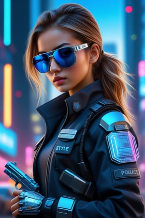 score_9,score_8_up,score_7_up,realistic photo,photorealistic,hyperrealistic,intricate details,1girl,25 years old,policeman,cyber sunglasses,dressed in cyber armor with a holographic outline,an intricate device in his hand,a laser pistol on his belt,cityscape,neon lights,cyberpunk,2077_Style,LoRA