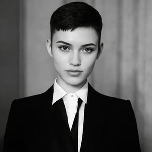 photo of a beautiful girl in a black suit, white shirt, and black tie. He has a neatly styled haircut and is looking directly at the camera with a neutral expression. The background consists of a textured wall with horizontal lines. The photograph is in black and white, emphasizing contrasts and shadows. The man appears to be in his late twenties or early thirties, with fair skin and short, dark hair.