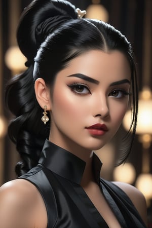 1girl, beautiful woman, elegant pose, ponytail hairstyle, flowing black hair, piercing black eyes, full lips, closed mouth, serene expression, clothes, upper body portrait, direct gaze at viewer, soft lighting, high-quality detailed render, photorealistic style