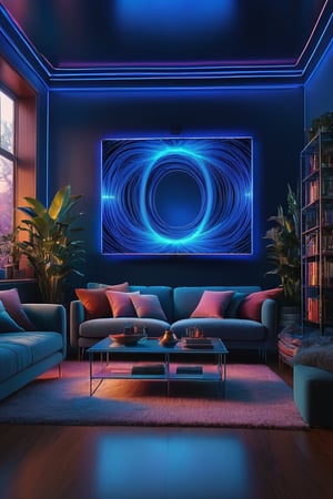 Dream Holographic1,POV,a BLUE wire frame of living room,fuzzy background,highly detailed,ultra-high resolutions,32K UHD,best quality,masterpiece,SDXL