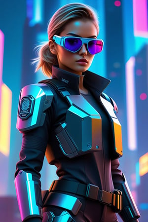 A 25-year-old policewoman dressed in cyber armor with a holographic outline, sporting cyber sunglasses and holding an intricate device in her hand, while wearing a laser pistol on her belt. She stands confidently against the neon-lit cityscape, reminiscent of 2077's cyberpunk aesthetic. Framed by the towering skyscrapers, her pose exudes determination as she surveys the urban landscape.