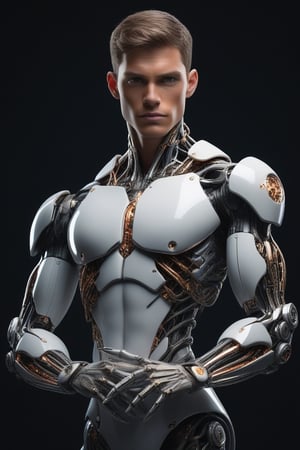 A stunning cyborg stands confidently against a sleek, black background, surrounded by subtle, gradient lighting that accentuates his intricate, mechanical features. His porcelain-like skin glistens with a fine sheen of oil, highlighting the precision engineering of his synthetic limbs. A masterpiece of high-quality artistry, this studio photo captures the intersection of beauty and power in a cyborg of unparalleled sophistication.,Cartoon,LoRA,Disneystyle