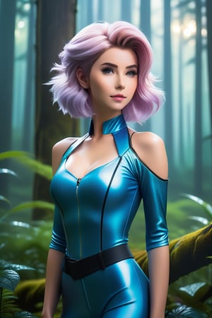 In a futuristic forested landscape, Belle Delphine stands tall and proud, her Vegeta-inspired hair flowing like silk in the gentle rain. Her muscular physique is reminiscent of Lara Croft, with a kickboxer's toned arms and a fierce determination etched on her face. The lighting is dim, with only the soft glow of the forest illuminating her features. She stands confidently, feet shoulder-width apart, radiating an aura of invincibility. The background is shrouded in mist, with the foretold sky looming above, its secrets unknown. Her French bob haircut frames her strong jawline, and her anatomy skills are on full display as she exudes confidence and power.,SDXL,LoRA