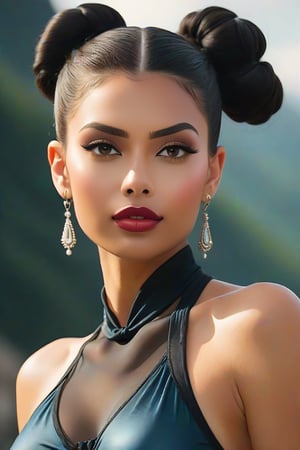 A close-up shot of an Eastern European sportswoman wearing sheer lycra attire, her dark locks tied into a sleek bun. A cascade of long earrings adorns her neck as she gazes directly at the camera, exuding confidence and poise. The framing highlights her toned physique, with a shallow depth-of-field emphasizing the sparkling jewelry.,SDXL,1girl silver hair blue dress