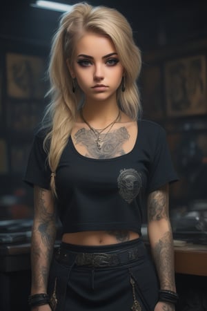 score_9, score_8_up, score_7_up, score_6_up, 1girl, long hair, swpunk style half body portrait of a woman in a black croptop and black skirt, with blonde hair, tattoos, trending on artstation, highly detailed, fine detail, intricate, ,LoRA