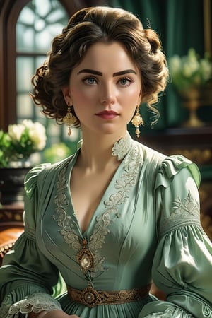 (Close-up shot, camera canon EOS r6 Mark II, len 35mm, f2.6). Aristocratic woman from 19 century, wearing 19 century dress, gazing at viewer, intense gaze. Detailed eyes, detailed hair, hair details. Photorealistic, hyperdetailed, cinematic, intricate details, award winning photography, depth of field, masterpiece, cinematic light, cinematic filter, 16K UHD.