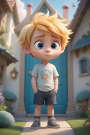 Here is a 4D photographic image prompt:

A surreal, photorealistic concept art piece featuring a full-body shot of a cute little chibi boy with vibrant gold hair, standing in front of a whimsical Dream House inspired by Disney-Pixar style. Soft, natural light wraps around the subject, creating a voluminous effect against a pure white UHD background. The boy's bright eyes and adorable expression are framed by a soft focus blur, inviting the viewer to step into his fantastical world.,cartoon