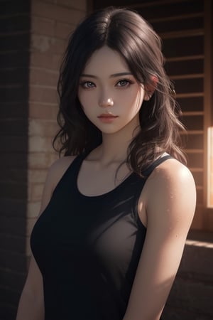 masterpiece,best quality,ultra-detailed,ultra high res,(photorealistic:1.4),raw photo,8k HDR,realistic lighting,1girl,solo,black long hair,(detailed oily skin),black eyes,(detailed face),(cyble background :1.2),(upper body:1.6),black tanktop,