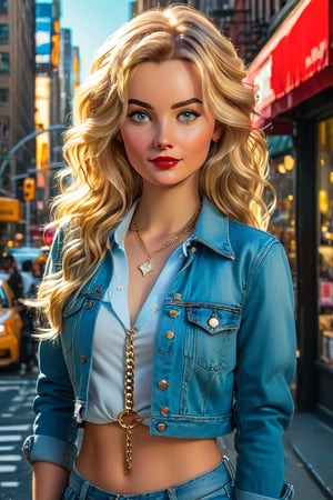 masterpiece, high quality, realistic aesthetic photo ,(HDR:1.4), pore and detailed, intricate detailed, graceful and beautiful textures, RAW photo, 16K, cinematic lighting, (head to waist portrait), on the New-York city street, cute girl fused on ruby, beautiful face, elegant, light smile, light-blue eyes, blonde wavy long hair, smooth fair skin, thin necklace, belly button, denim jacket with chain, collared shirt, thin chain belt,xxmix_girl,SDXL