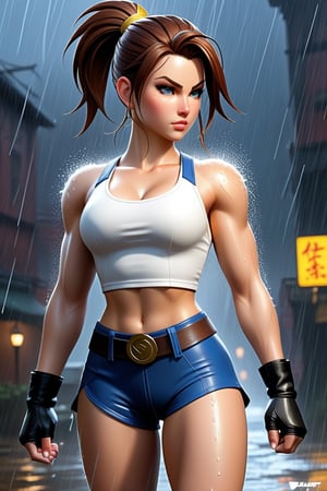 Full body of a woman a woman standing in the rain, muscular sweat lara croft, like artgerm, with hair on her head of vegeta, viking, inspired by Greg Hildebrandt, kickboxer fighter, on the cover of Fallout, beautiful woman, belle delphine, concept image, xqc, orianna, inspired by john avon, flying silk, standing and invincible, high damage, french bob, anatomy skills, in the near future, in the foretold sky, discord profile picture, female and muscular, anime aesthetic, app icon quotes, hyperrealistic teenager, inspired by David Park, by Gu Hongzhong.,SDXL,1girl
